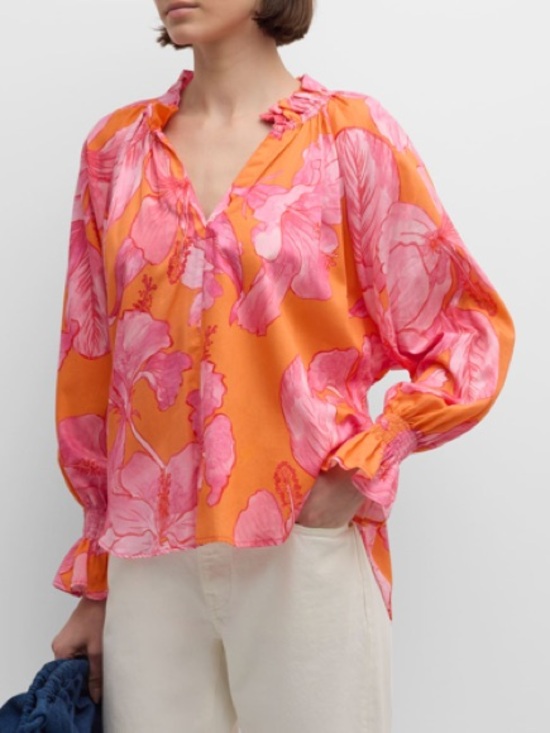 Finley Tops - Finley Candace Royal Hawaiian Floral Cotton Blouse Top Orange/Pink